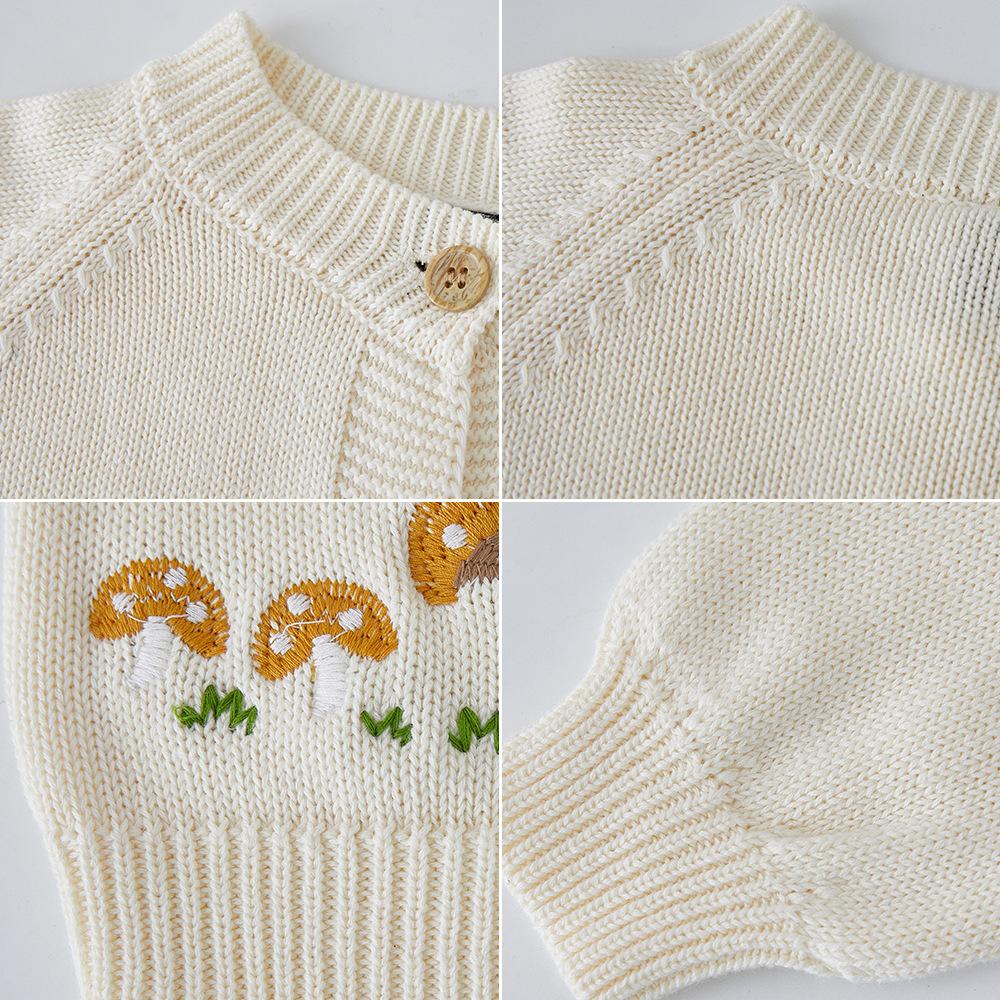 Весенне-осенний вязаный кардиган для младенцев и детей с круглым вырезом и вышивкой грибов, из чистого хлопка, универсальная куртка для девочек