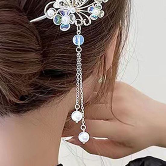 Chinese Style Faux Pearl Tassel Hair Stick Hollow Butterflies Shape Elegant Lady Back Head Hair Chopstick Headdress Hair Accessories