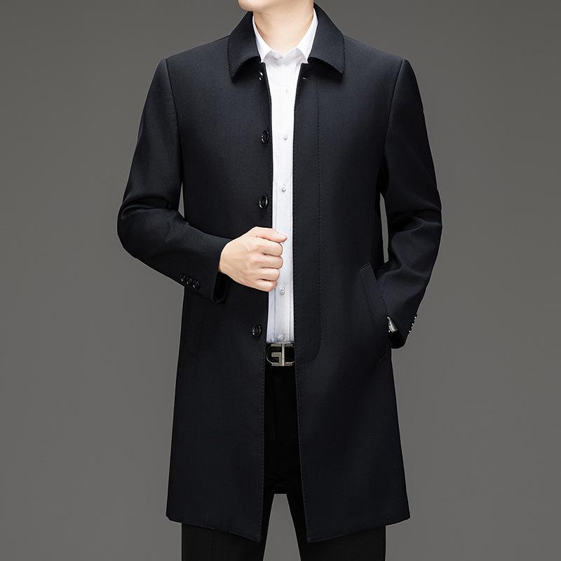 Ветровка мужская на пуговицах средней длины с лацканами из шерсти для папы, новое свободное деловое пальто на осень и зиму
