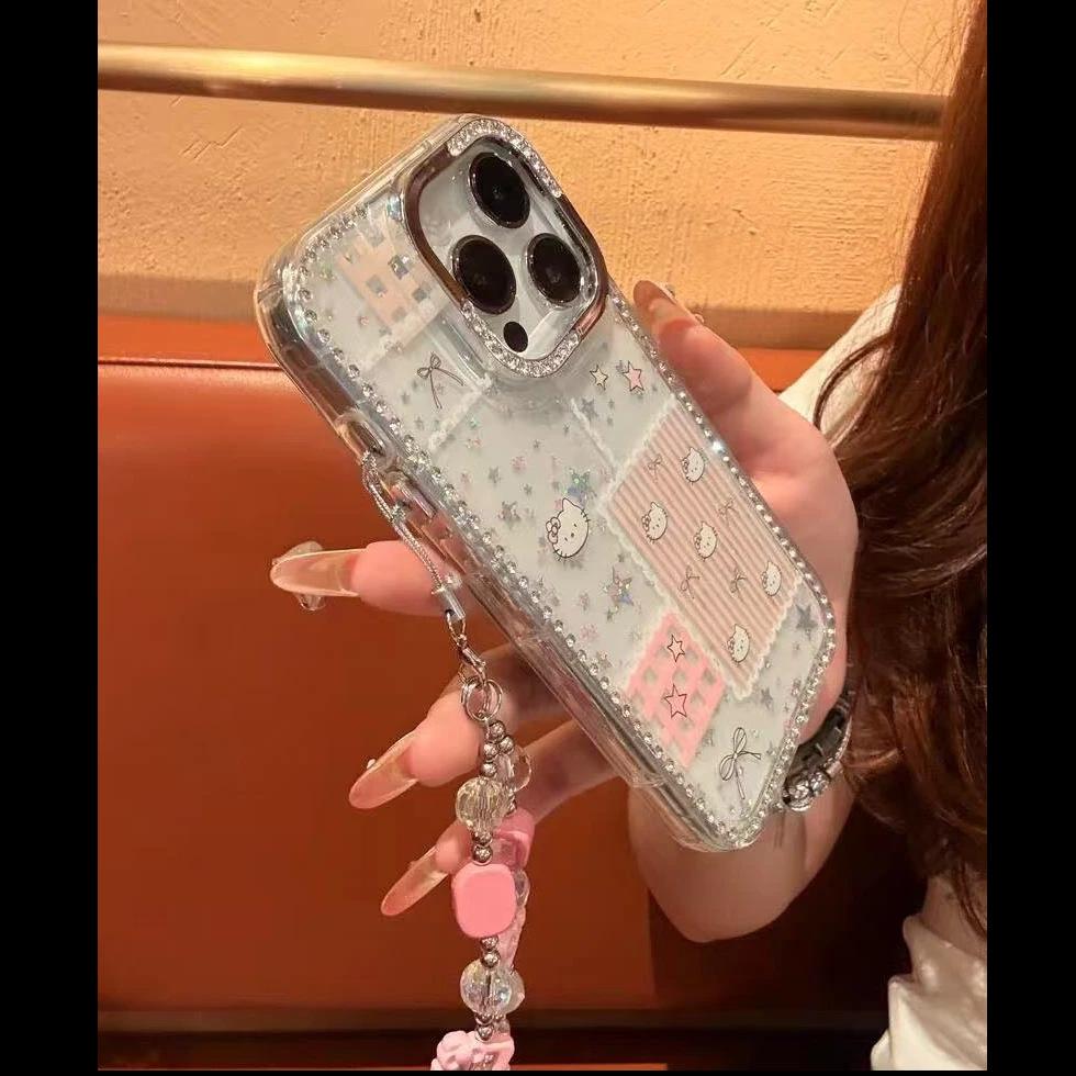 Bow striped Kitty for Apple 17 mobile phone case iPhone16Pro laser 14 flash diamond stars 15 sets