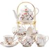 Fine China Bird Tree Pattern Coffee Cup/Teacup Set, 8 OZ Cups& Saucer Service for 4