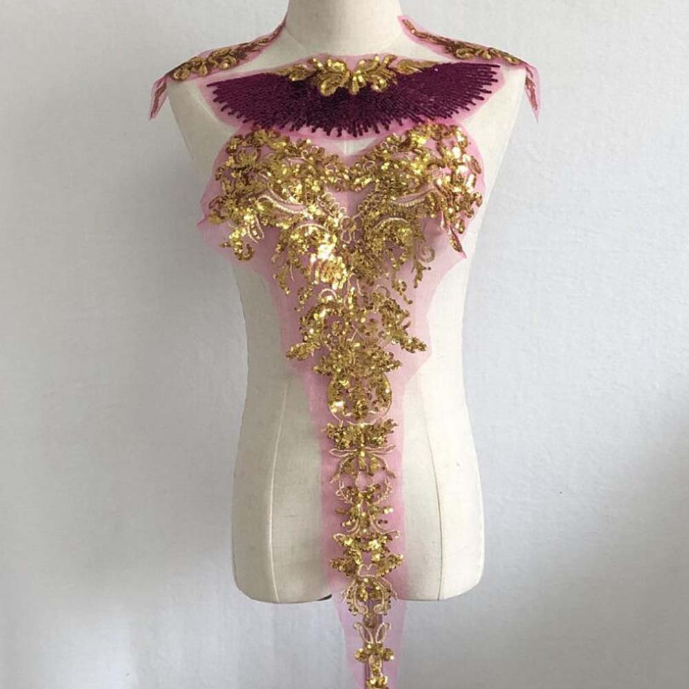 1 комплект золотых аппликаций с пайетками, красная синяя вышитая кружевная ткань, свадебные нашивки для украшения платья своими руками