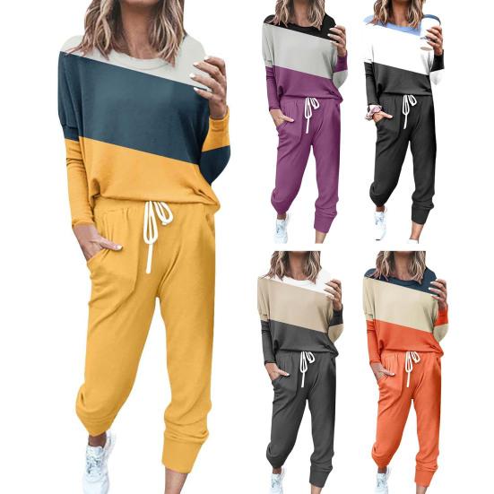 2 шт./комплект женский топ брюки костюм круглый вырез длинный рукав цветной блок спортивный свитшот завязка