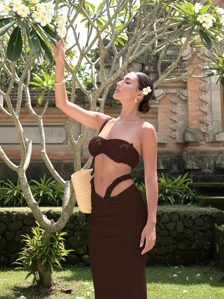 Роскошный пляжный костюм с драпировкой, купальник бандо без бретелей, набор из трех предметов, белый купальник бикини с пузырьками, белый купальник с макси-юбкой с высоким разрезом K264