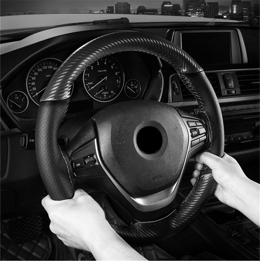 38CM Deluxe Black Carbon Fiber & Leather Car Steering Wheel Cover Trim Universal