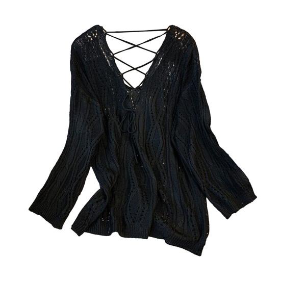Women Knitting Hollow Design Tops V-Neck Straps Collar Long Sleeve Pullover Tops Solid Color