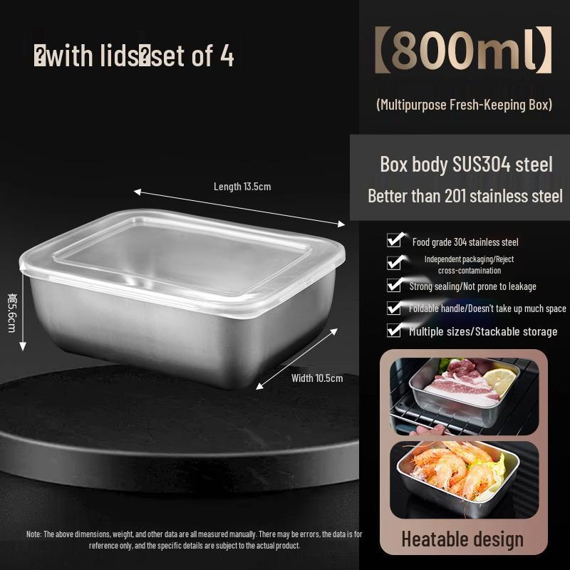 Квадратная миска для хранения продуктов из нержавеющей стали с крышкой - сохраняет продукты свежими в холодильнике, идеально подходит для порционирования на кухне или использования в качестве ланч-бокса.