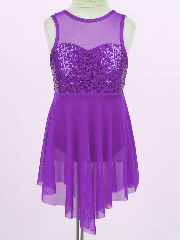 Детские современные лирические танцевальные костюмы для девочек, балетное трико без рукавов с блестками и крест-накрест на спине, нерегулярное платье-купальник