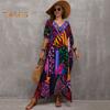 Пляжное платье с V-образным вырезом и короткими рукавами Свободный крой Бикини-накидка с боковым разрезом Яркий цветной принт Пляжный купальник для отпуска и путешествий