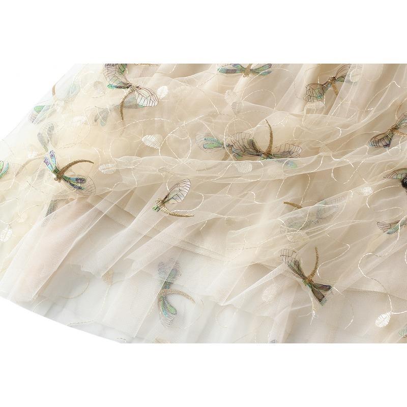 Z 3D Three-dimensional Embroidery Dragonfly Embellished Mesh Skirt Women's Summer 3-color French Romantic Skirt High Waist Long Skirt 1810