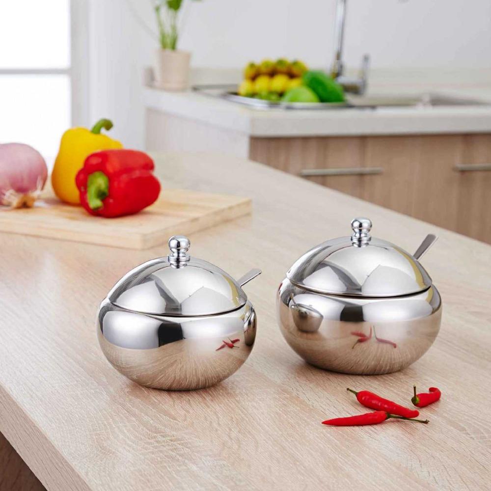 304 Stainless Steel Sugar Bowl with Lid and Spoon Spice Jar Storage Jar  Restaurant