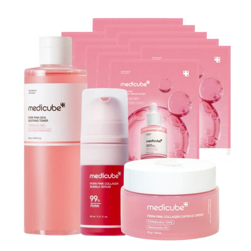 Medicube Salmon PDRN Pink Collagen 4-Step Set – Peptide Ampoule Mask, Toner, Bubble Serum, Capsule Cream