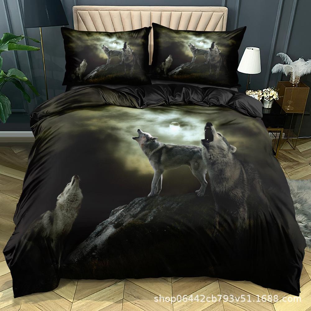 Wolf Themed Bedding Set with Animal Pattern Down Duvet and Pillowcase 2/3 Pieces of Microfiber Fabric Washable and Quick Drying Home Decoration
