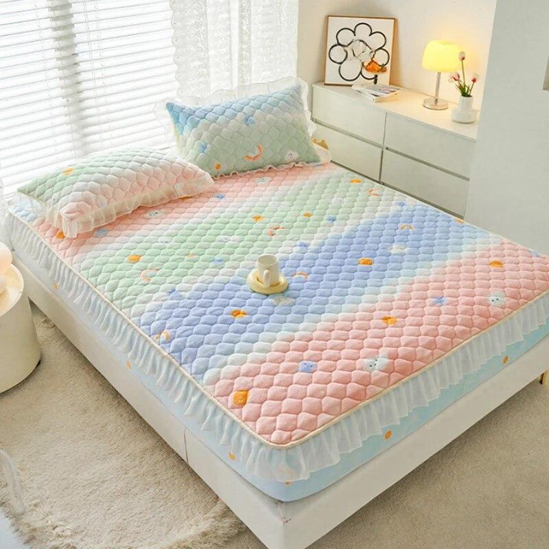 Зимний теплый молочный бархатный комплект простыней, милая простыня на подкладке с героями мультфильмов и 2 наволочками, нескользящий наматрасник, двуспальное покрывало размера «king-size»