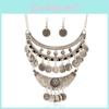 Antique Silver Coin Necklace With Multilayer Chain And Geometric Style