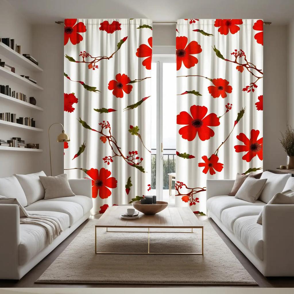 2pc Gorgeous Style Red Floral Print Curtains, Polyester Fabric, Machine Washable, Suitable for Bedroom Living Room Decoration