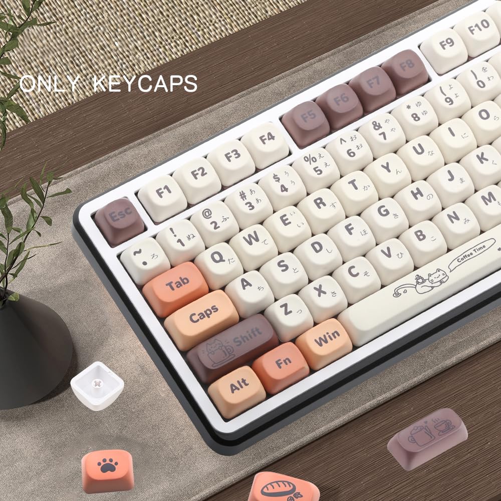 134Keys PBT Keycaps Coffee Cat Theme MOA Profile Keycaps 5 Sides Dye Sublimation Keycaps for Mechanical Keyboard 60% 65% 75% 100%