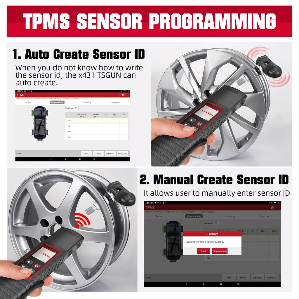 Launch X431 TSGUN TPMS 315/433 МГц 2-в-1 RF-сенсор X-431 TSGUN Детектор датчика давления в шинах автомобиля Инструмент для программирования и диагностики