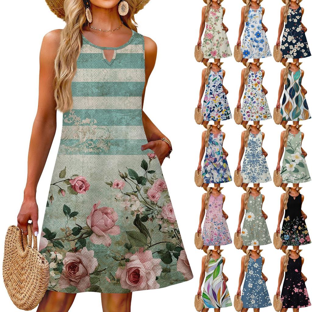Ladies Fashion Casual Summer Floral Print Dress With Pocket Beach Holiday Vest Dress