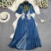 Runway Elegant Women Ruffled Collar Cowboy Shirt Dress New Vintage Summer Embroidey Flower Single Breasted Denim Long Dresses