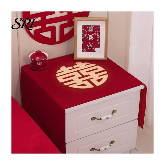 Tablecloth Dust Cover Chinese Wedding Nightstand Burgundy Satin Bedside Table Furniture Protector Dustproof Cloth for Bedroom Decor