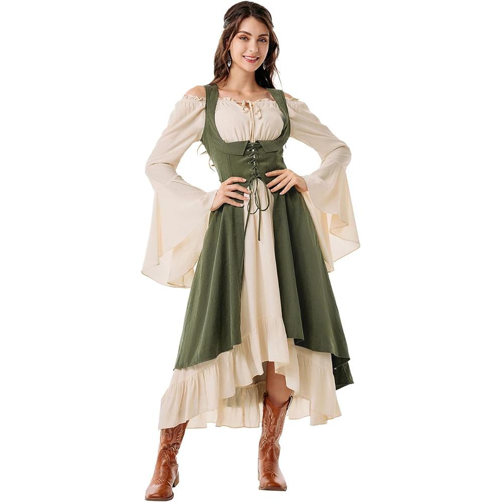 Women Renaissance Costume Underbust Pirate Peasant High Low Dress with Pockets