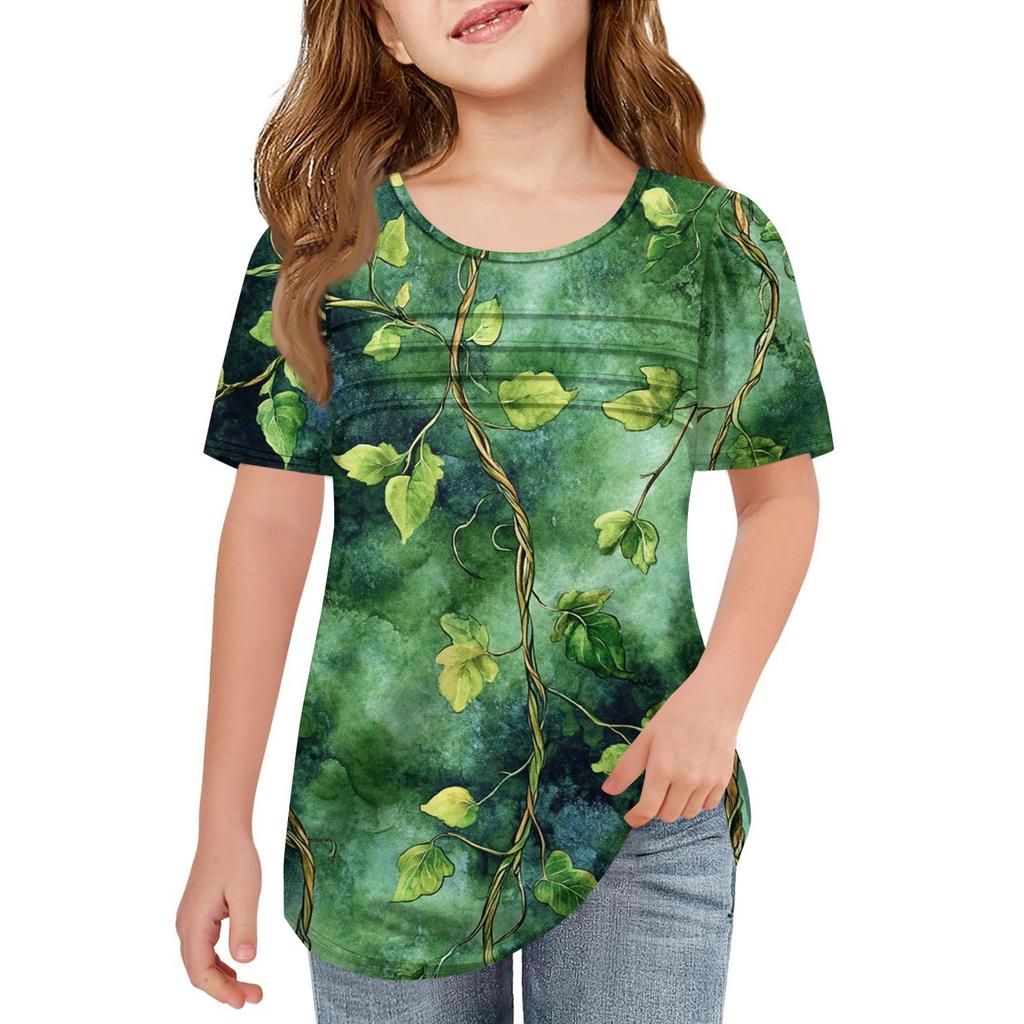 Детские футболки-складки, летние футболки с короткими рукавами и круглым воротником, с принтом цветов, пальто для отдыха