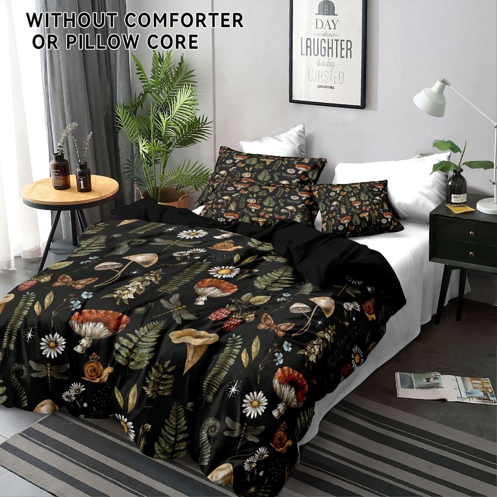 Green Leaf Pattern 3Pcs Bedding Set Soft And Breathable Floral Mushroom, Snail - Includes Quilt Cover And Pillowcases No Filling