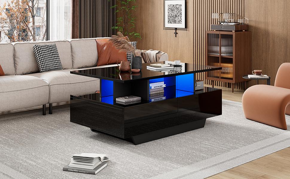 Modern High-Gloss Coffee Table with LED Lighting and 2 Drawers – Stylish 90x55x41 cm Side Table with Storage, Load Capacity up to 30 kg