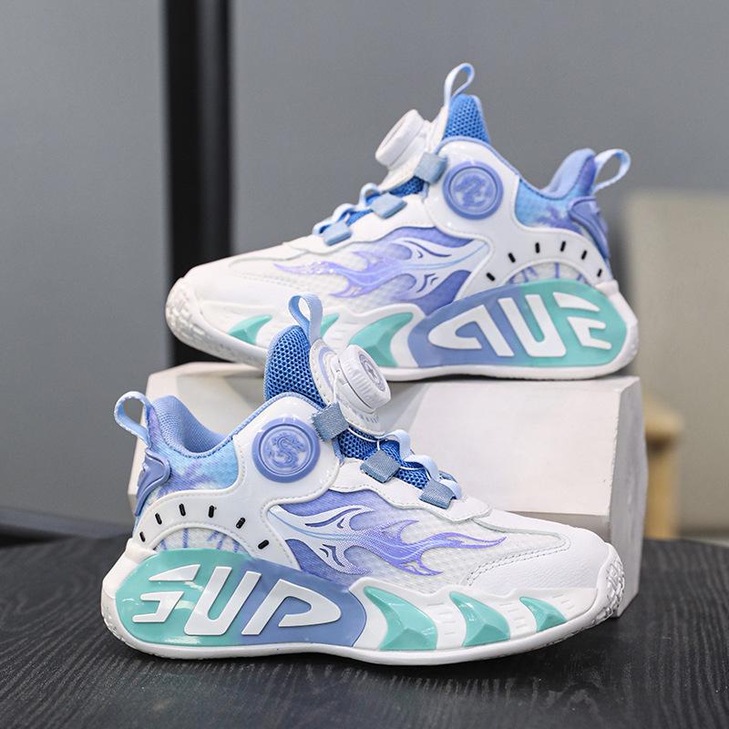 2025 Spring New Rotating Button Classmates Boys and Girls Children's Running Basketball Shoes Medium and Older Children's Wear-resistant Sports Shoes