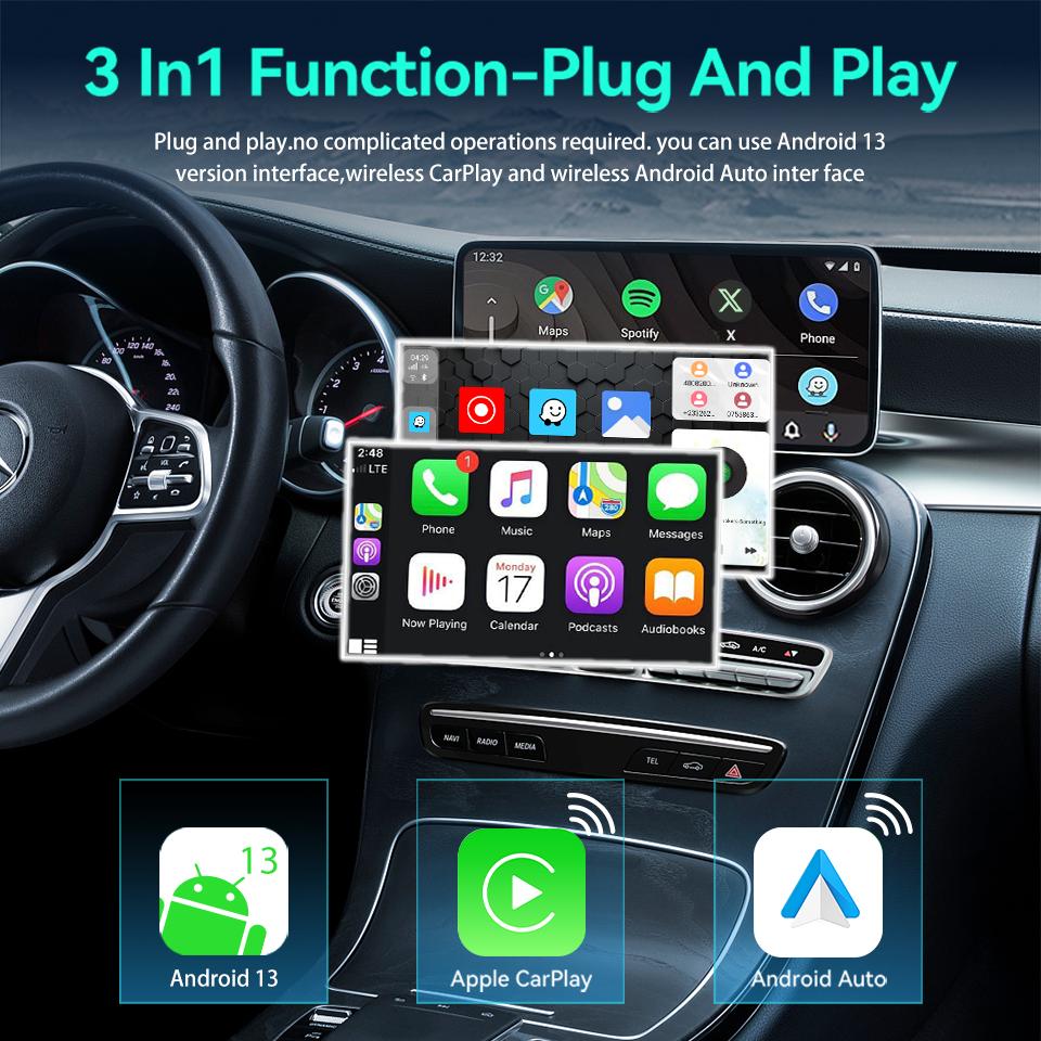 Acodo AI Box Wireless CarPlay Android Auto Mlrrorlink Android13 Автомобильный адаптер Plug and Play 3 в 1 Использует чип Qualcomm 6225 8G 128G