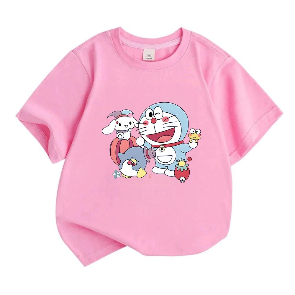 Kids Boys Girls Crew Neck Short Sleeve T-Shirt, Cute Cartoon Robot Cat With Animal Friends Print 100% Cotton Casual Tees, Soft Breathable Summer Top F