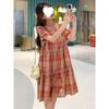Свежее клетчатое платье А-силуэта с короткими рукавами для миниатюрных женщин, 2024