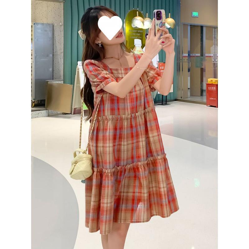 Свежее клетчатое платье А-силуэта с короткими рукавами для миниатюрных женщин, 2024