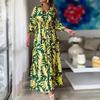 Women's Long-sleeved V-neck Boho Plus Size Plant-print Loose Long Dress