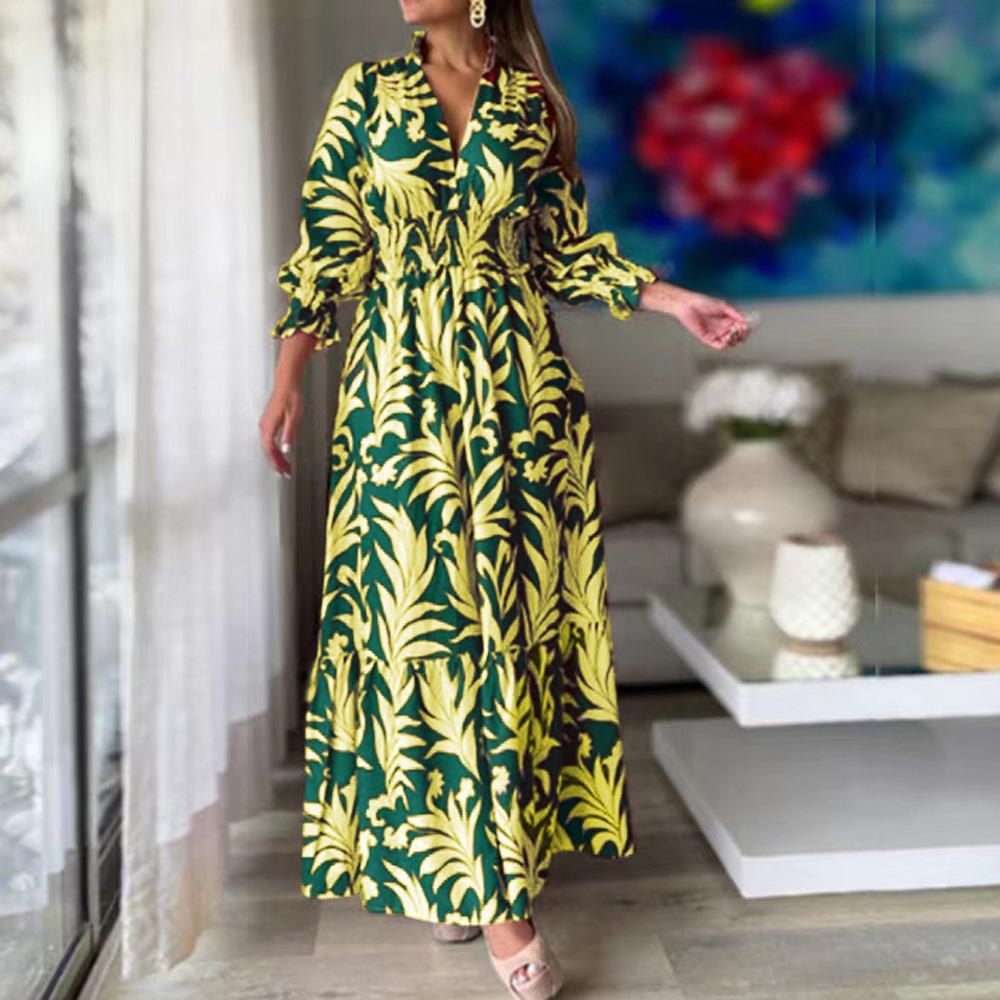 Женское длинное платье с V-образным вырезом и длинным рукавом в стиле бохо с принтом больших размеров