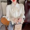 Sweet Elegant Long Flared Sleeve Solid Color Shirts Women's Spring Autumn Large Size Pleated Bow Chiffon Tops