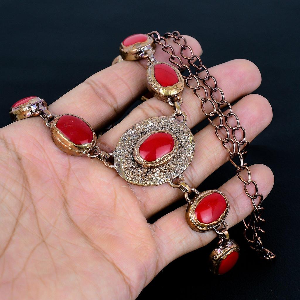 Колье из красного коралла ручной работы, ожерелье с гальванопокрытием медью, антикварные украшения, ожерелье с регулируемой цепочкой, подарок на помолвку