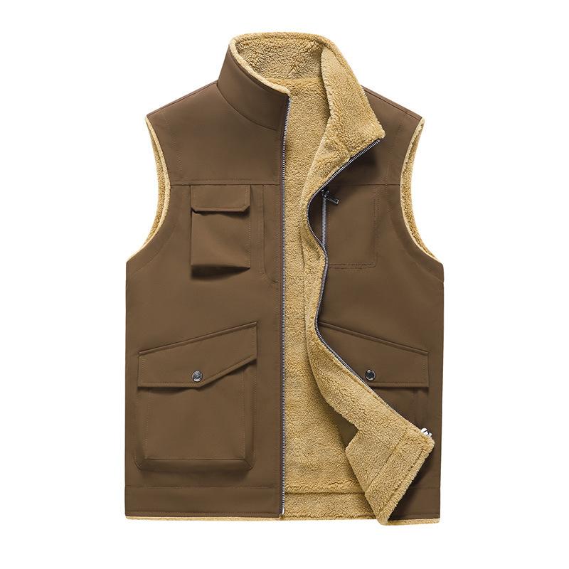 Men's Fleece Multi-pocket Cargo Vest Autumn and Winter New Stand Collar Thickened Outdoor Sports Vest