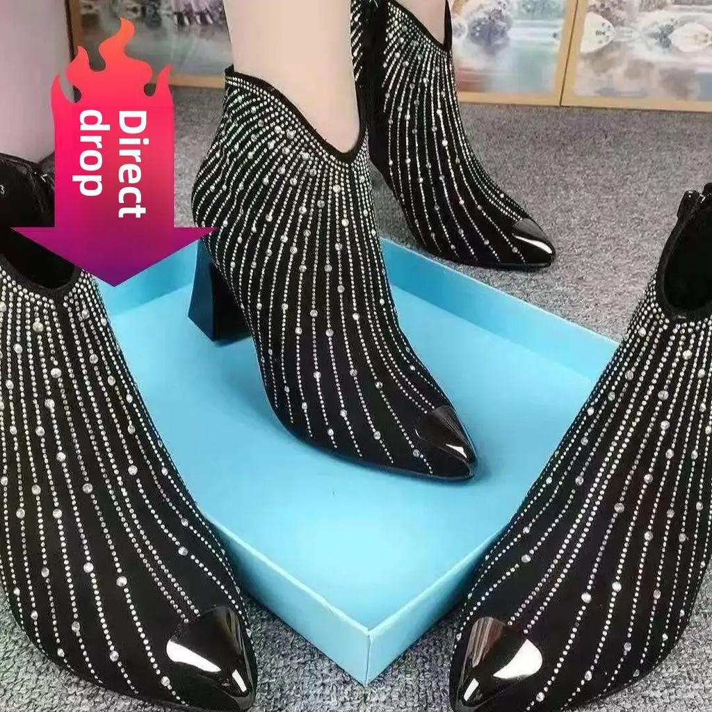 Модные металлические пайетки Остроносые Высокие Каблуки Короткие Сапоги Элегантные Осень Зима Новая Коллекция Низкий Каблук Однотонные Туфли Резина