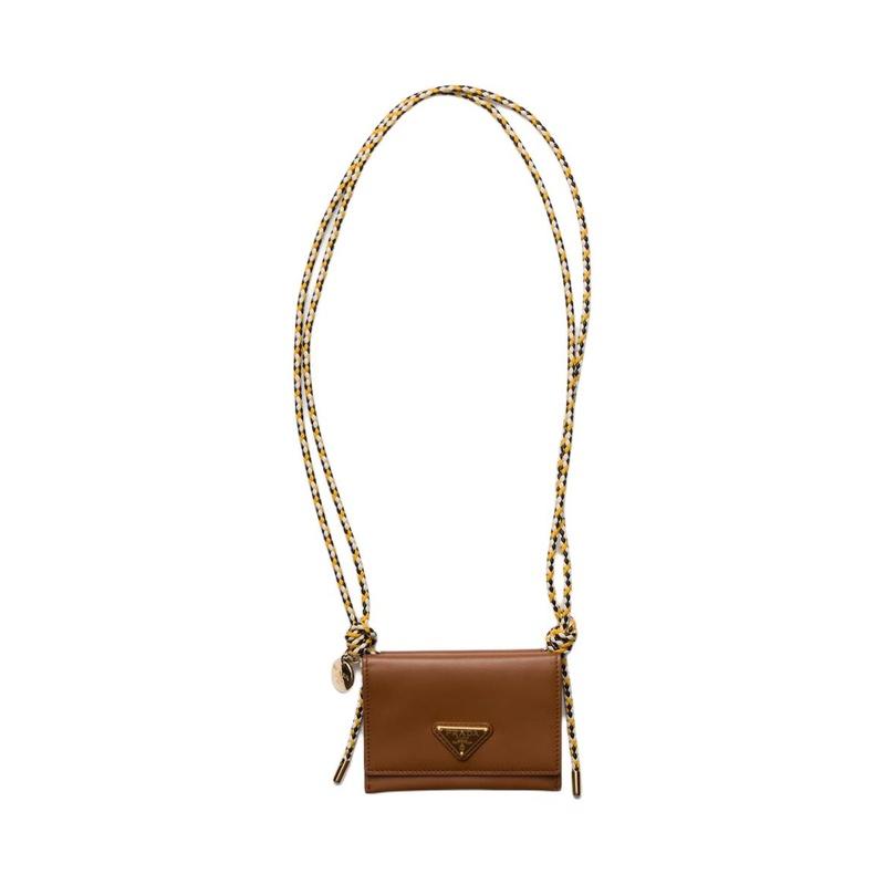 Prada Iconic triangular logo calfskin card holder, same style for men and women, cognac color