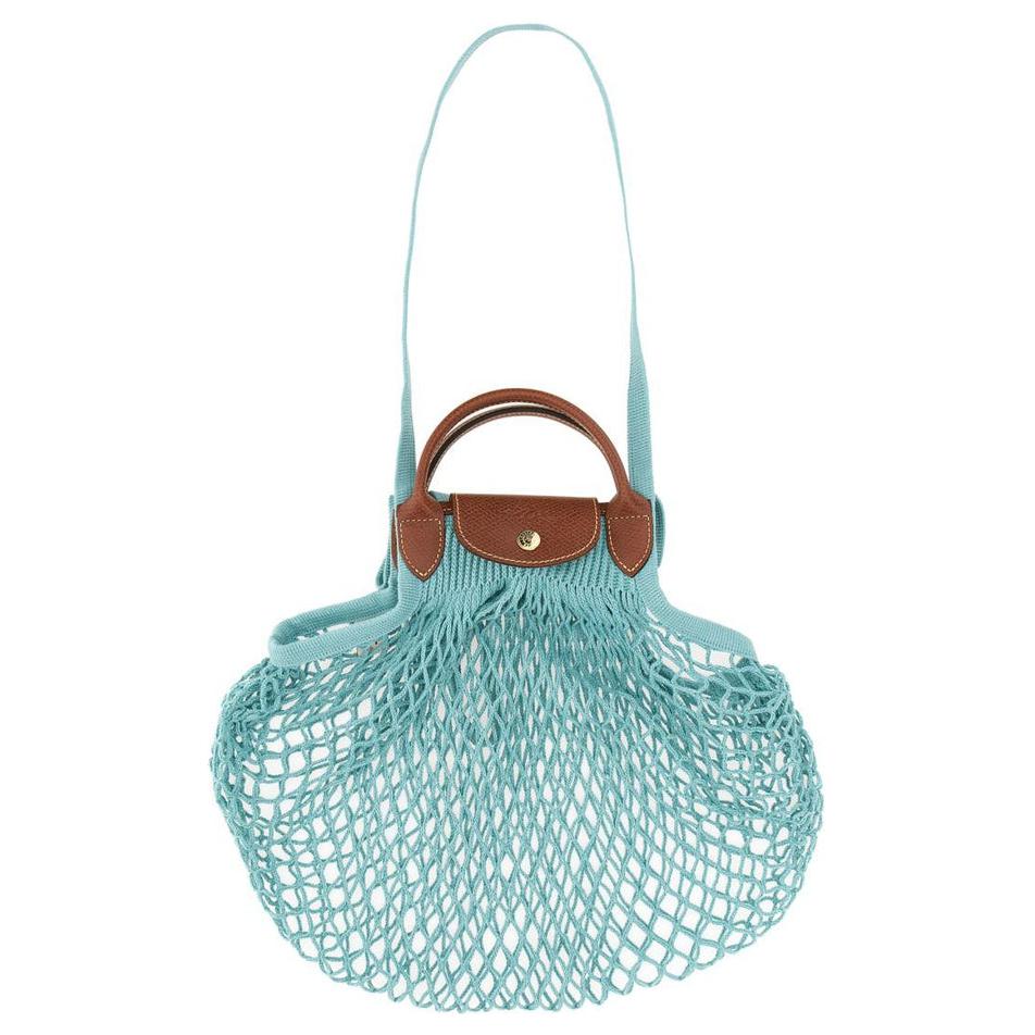 LONGCHAMP Le Pliage Filet Cotton With Cow Leather Shoulder Bag, Crossbody Bag, Handbag Womens Lagoon Blue