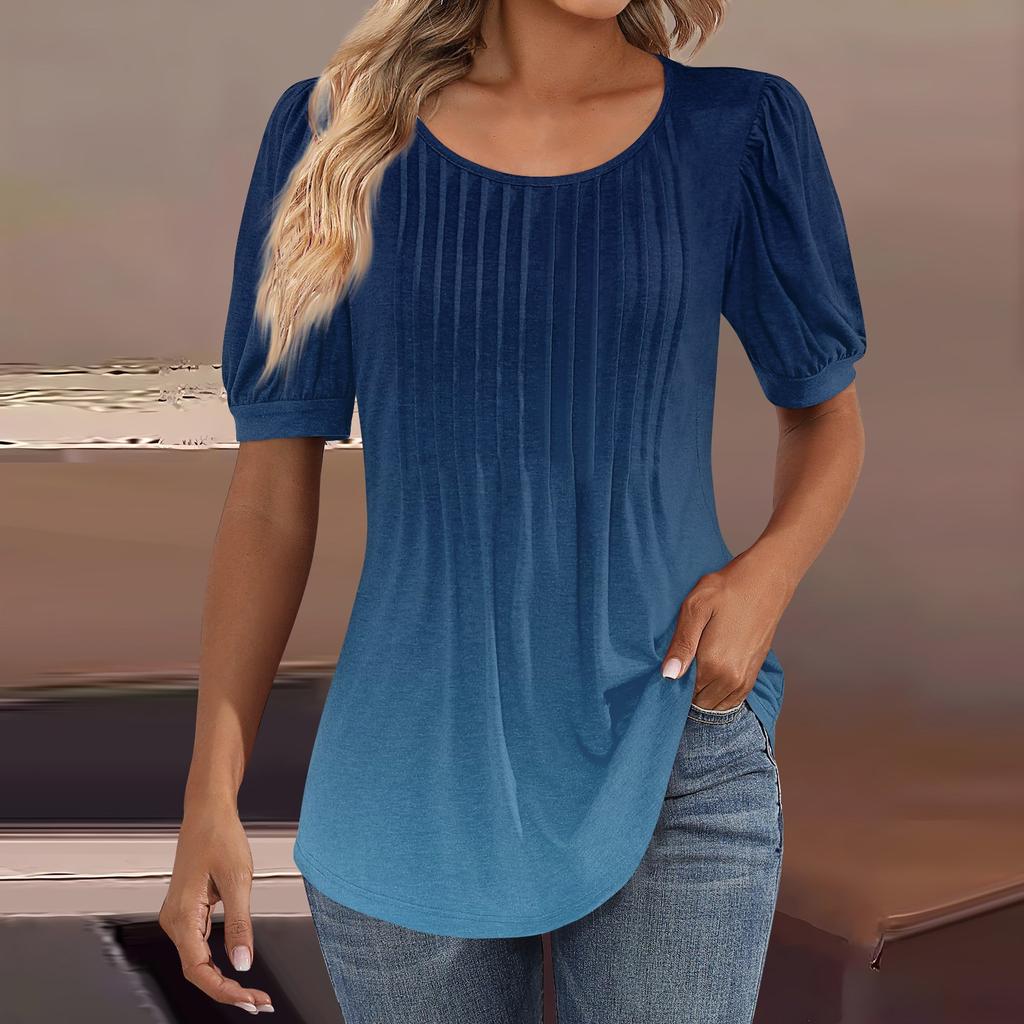 Женские пышные туники с короткими рукавами, топы, плиссированные блузки с воротником, повседневные свободные весенне-летние футболки