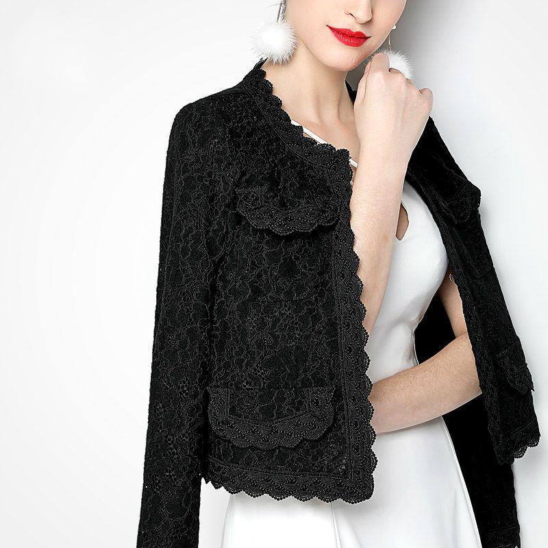 Элегантный женский пиджак с длинным рукавом, ажурная женская куртка, кружевная лоскутная офисная женская верхняя одежда, черный, белый цвет