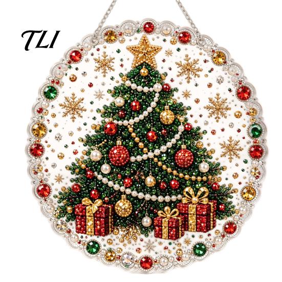Transparent Acrylic Craft Decor Christmas DIY Faux Diamond Painting Hanging, Santa Wreath Pendant, Pearl Red Green Gifts Beads Kit for Wall