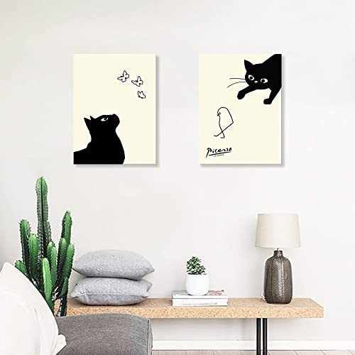Picasso Cat and Chick Paintings, Set of 2, Art Panel, Cat Catching a Bird, Art Panel, Art Frame, Modern Poster, Decorative Painting, Canvas, Decorativ