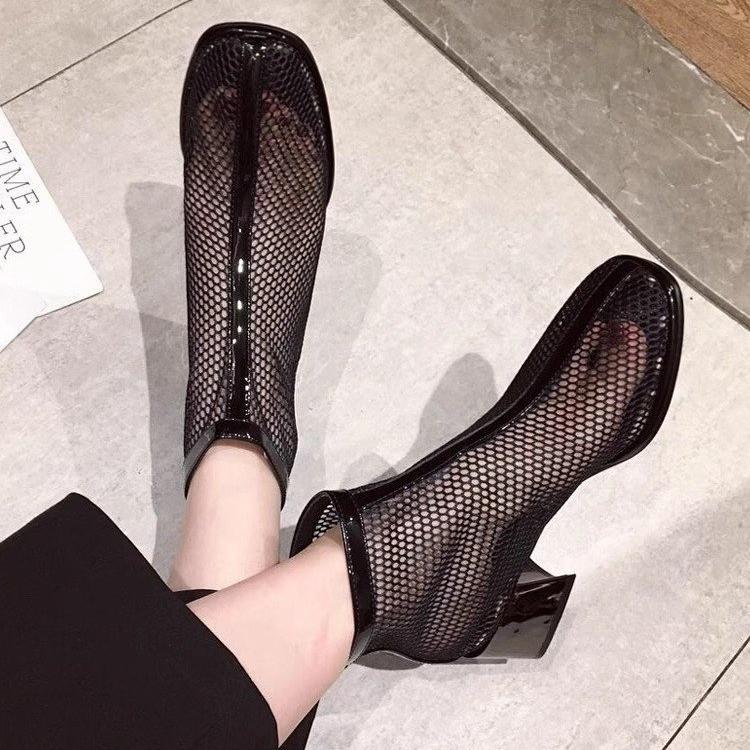 Fashion Black Mesh Hollow Short Boots Women's 2024 New Summer Thin Section Breathable Thick Heel Boots Women's High-top Sandals 35-40