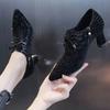 Pointed Toe Heels Women'S Colored Diamond Bow Knot Shallow Mouth Side Zipper Thick Heel Commuting New Fashion Spring Autumn