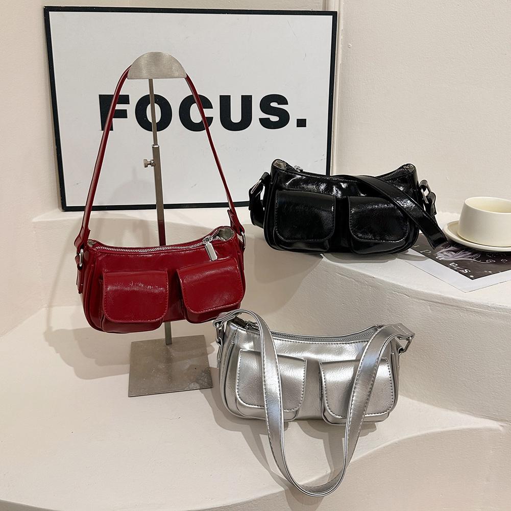 Ретро сумка под мышкой, двойные карманы, ПУ кожа, сумка для покупок, модная однотонная дизайнерская сумка под мышкой, на молнии, портативная, женская шикарная сумка-хобо