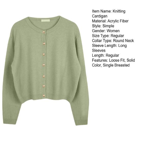 Women Knitting Cardigan Round Neck Long Sleeve Ribbed Trim Sweater Coat Single Breasted Loose Fit Solid Color Outwear Knitwear